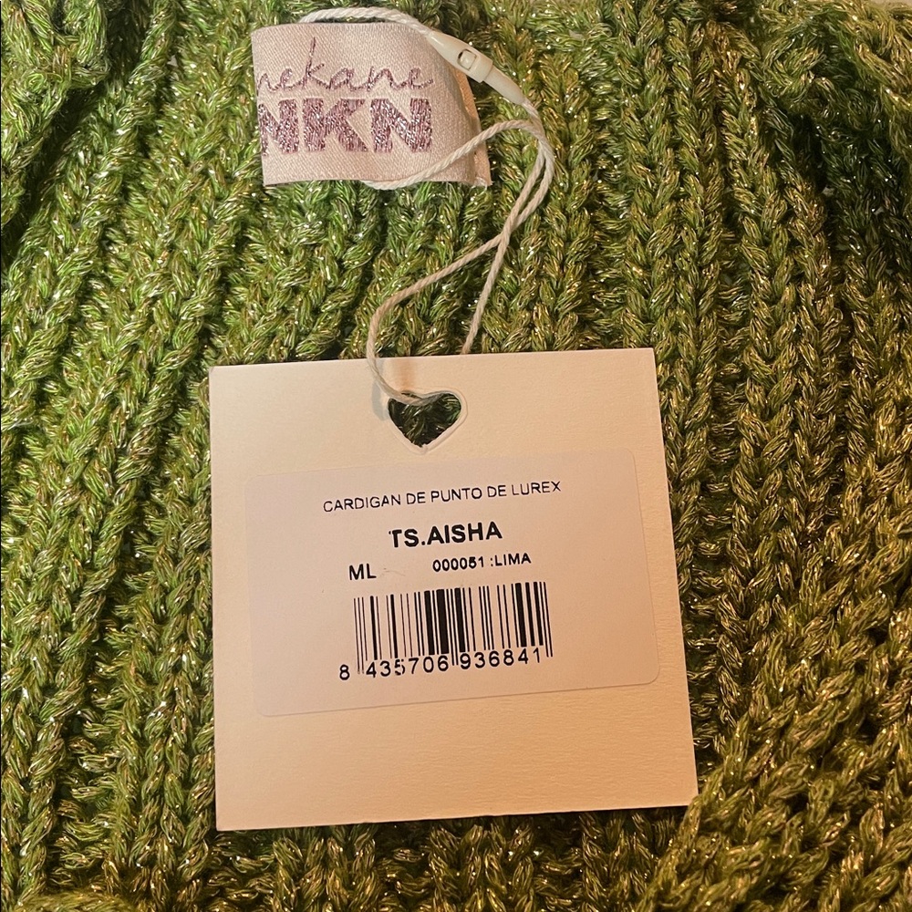 NKN Nekane Aisha Metallic Green Tie Front Cardigan Cuff Sleeve NWT Sz M/L - Picture 4 of 7